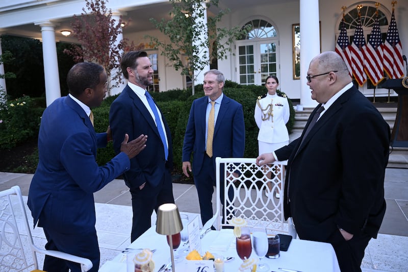 US Representative Jim Jordan (C/R), Republican from Ohio, speaks with US Vice President JD Vance as the White House Communications Director Steven Cheung (R) looks on during a Rose Garden dinner hosted by President Donald Trump at the White House in Washington, DC, on September 2, 2026.