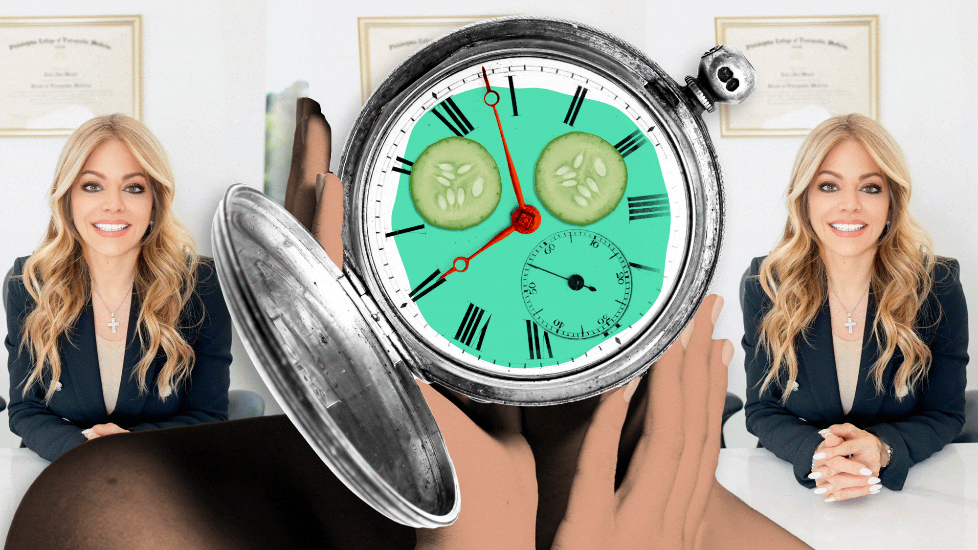 Pocket watch with the minute hand moving serving as a head on a woman's body with a face mask and cucumbers on top, in front of a photo of