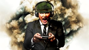 Pete Hegseth wearing a army helmet and a video game headset holding a video game controller, in front of explosions
