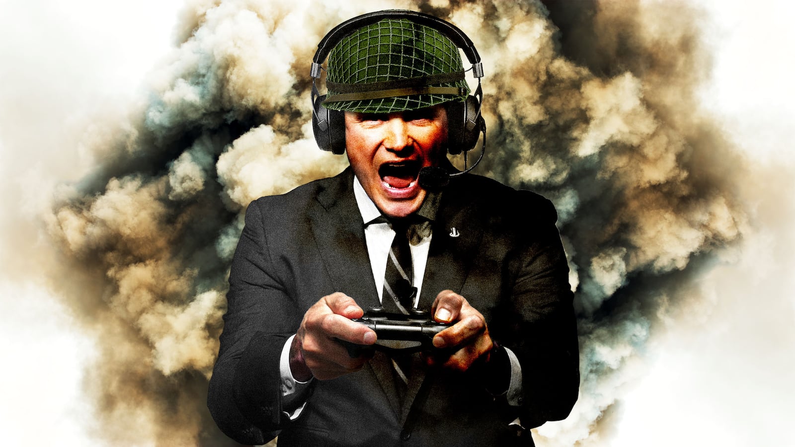 Pete Hegseth wearing a army helmet and a video game headset holding a video game controller, in front of explosions