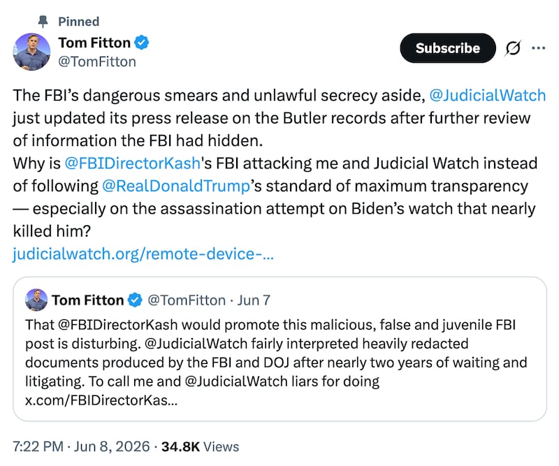 Tom Fitton's post complaining about the FBI's "dangerous smears."