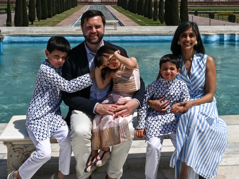 AGRA, INDIA - APRIL 23: U.S. Vice President JD Vance and his family, including wife Usha Vance, visit the Taj Mahal on April 23, 2025 in Agra, India. Vance and Indian Prime Minister Narendra Modi yesterday indicated progress had been made in talks for a trade deal between the two countries as New Delhi attempts to boosts ties with the Trump administration and avoid steep U.S. tariffs.