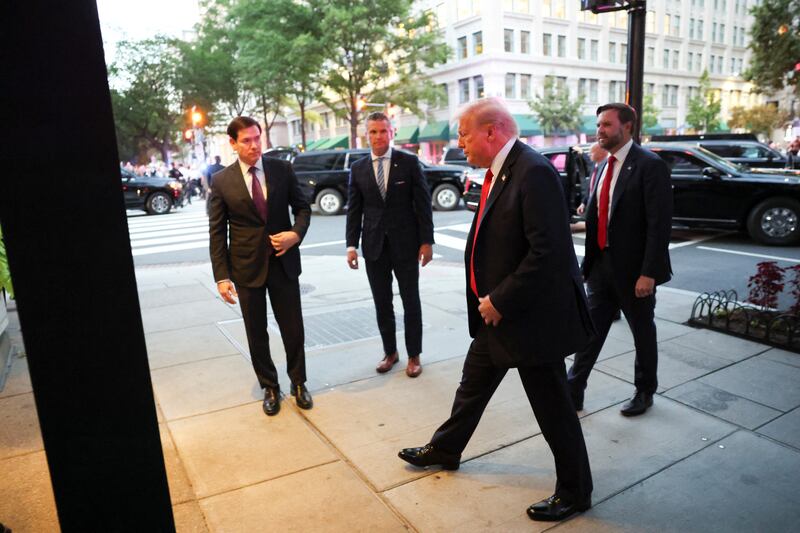 U.S. President Donald Trump, U.S. Vice President JD Vance, Secretary of State Marco Rubio and Defense Secretary Pete Hegseth arrive at Joe's Seafood restaurant near the White House for dinner, in Washington, D.C., U.S., September 9, 2025. REUTERS/Jonathan Ernst