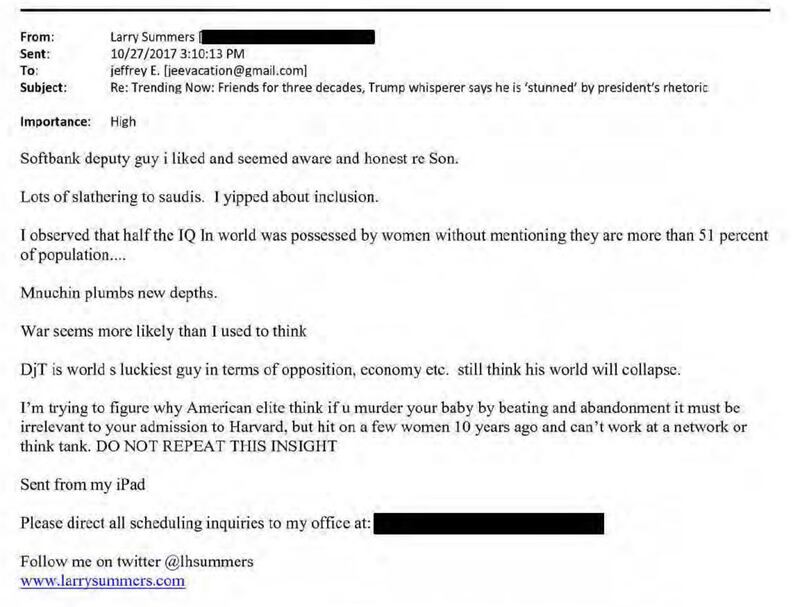 An email Summers sent Epstein in 2017, in which he denigrated the intelligence of women and complained about professional repercussions people face if they “hit on a few women 10 years ago.”
