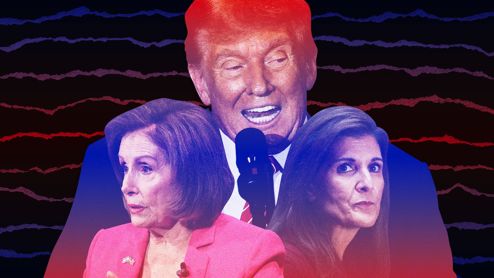 A photo illustration showing Nikki Haley, Nancy Pelosi and Donald Trump.