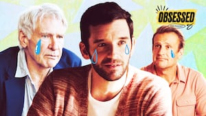 Obsessed Podcast illustration of Shrinking stars Harrison Ford, Michael Urie, and Jason Segal.