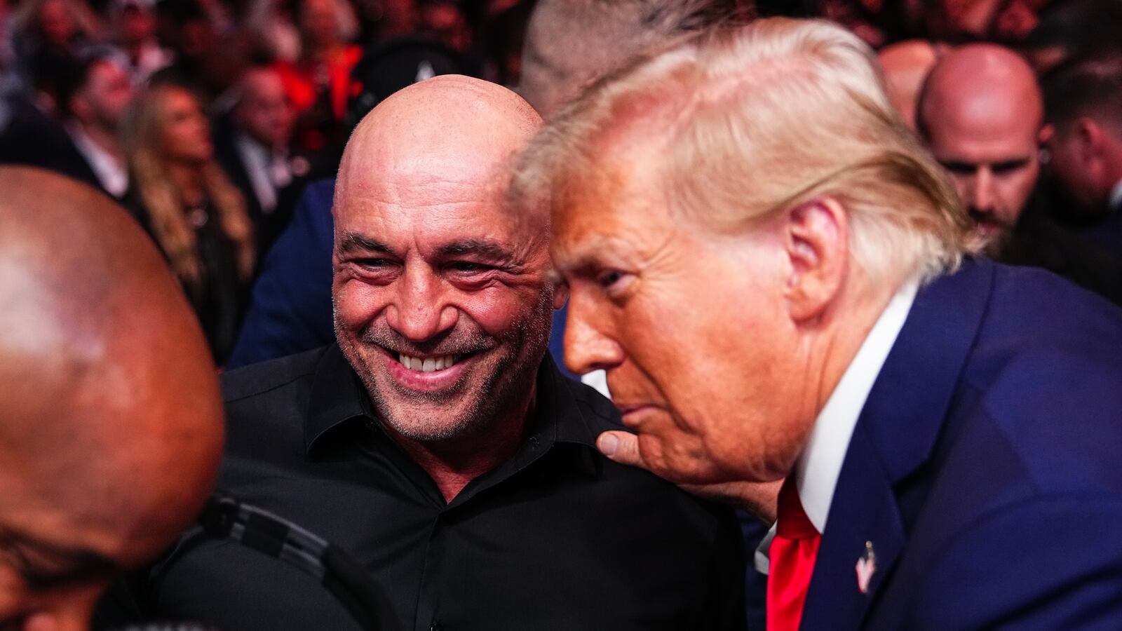 (L-R) Daniel Cormier, Joe Rogan and President-elect Donald Trump talk during the UFC 309 event at Madison Square Garden on November 16, 2024 in New York City.