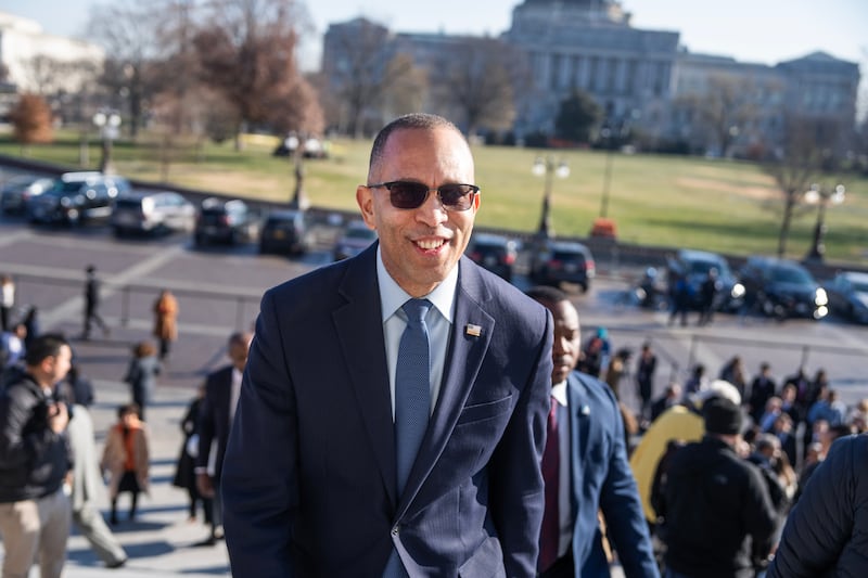 UNITED STATES - DECEMBER 18: House Minority Leader Hakeem Jeffries, D-N.Y., is seen after a rally outside the U.S. Capitol to call for a vote on extending the Affordable Care Act tax credits on Thursday, December 18, 2025. (Tom Williams/CQ-Roll Call, Inc via Getty Images)