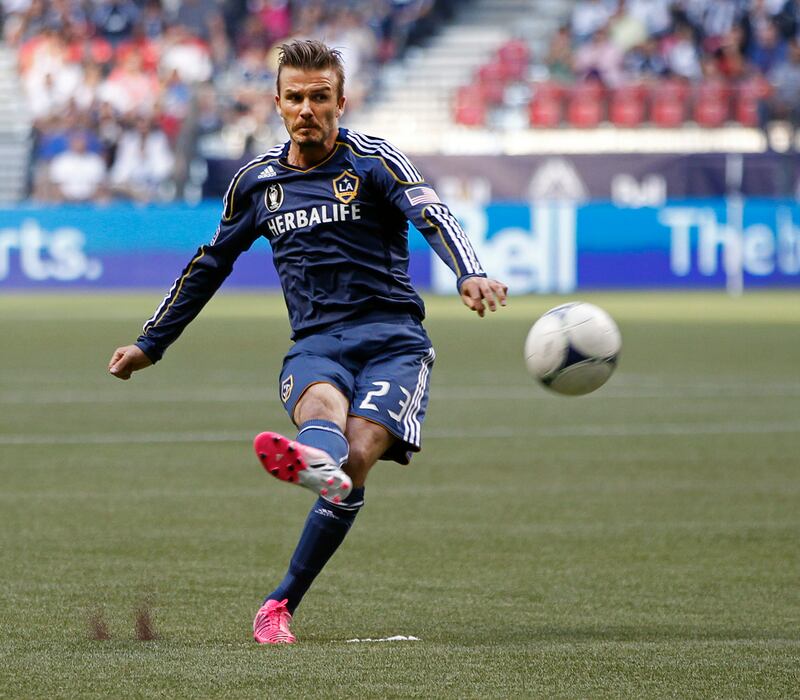 David Beckham #23 of the Los Angeles Galaxy attempts a free kick against the Vancouver Whitecaps FC