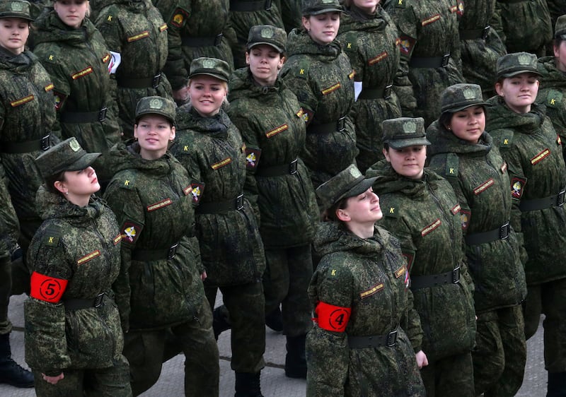 MOSCOW, RUSSIA - APRIL,11 (RUSSIA OUT) Russian female officers attend the Victory Day military parade rehearsals at Alabino polygon, 40 km. West of Moscow, on April,11, 2016 in Moscow, Russia. 10 000 soldiers and officers, more than 100 tanks, armored carriers and other vehicules, 71 jets, bobers and other planes are taking part in the rehearsals of the Red Square military parade honour the 71-th anniversary of the victory of Soviet Union in the WWII. (Photo by Mikhail Svetlov/Getty Images)