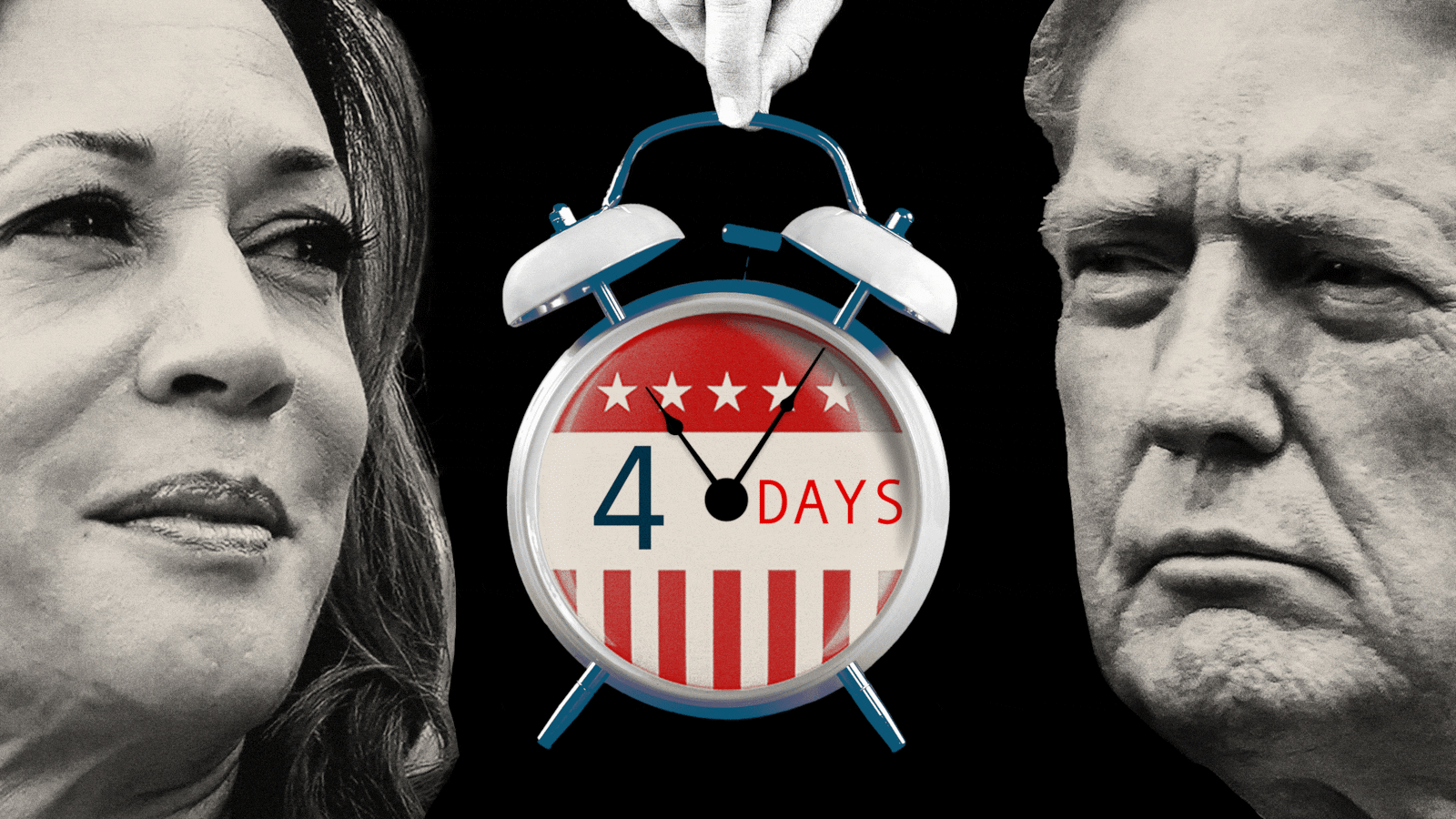 Kamala Harris and Donald Trump with a clock counting down to Election Day.