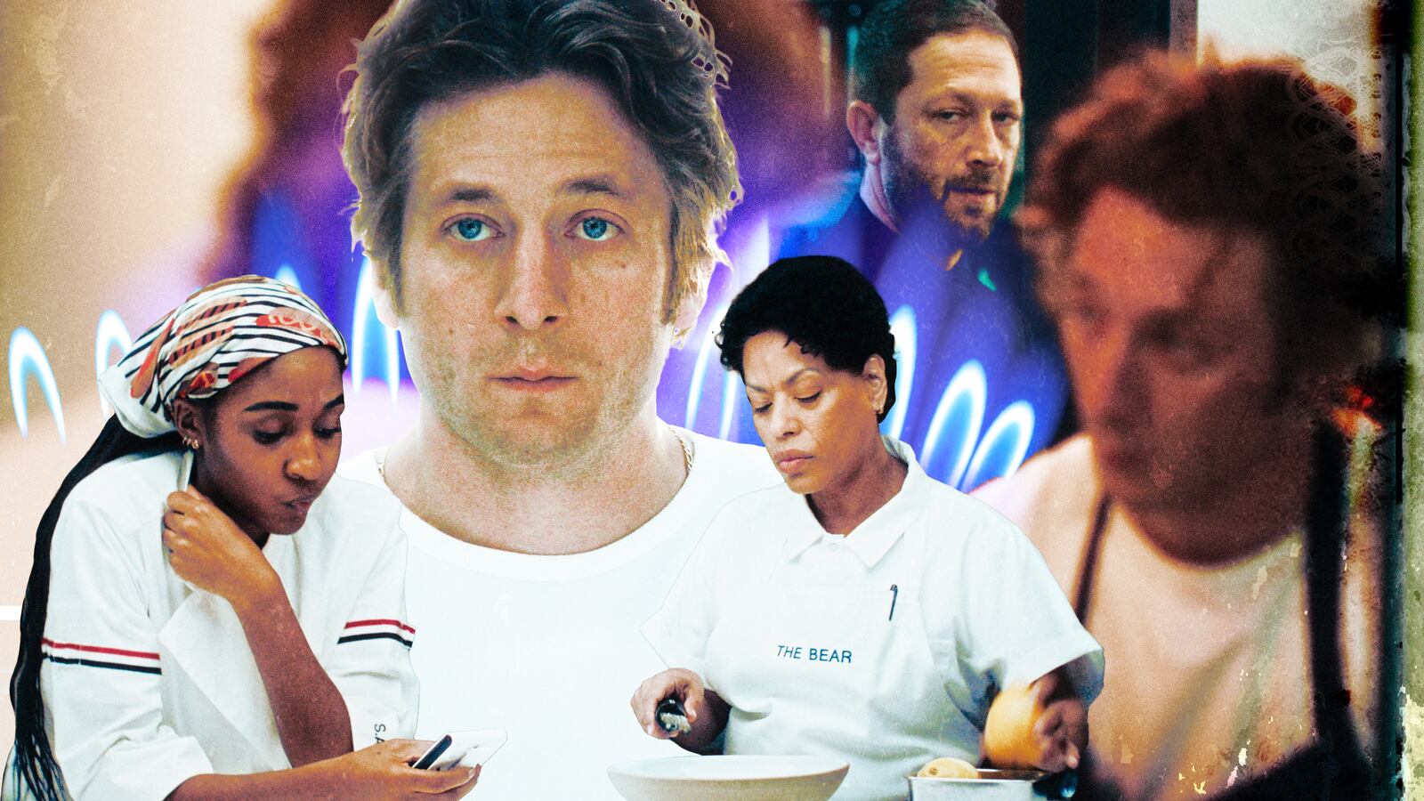 A photo illustration Ayo Edebiri, Jeremy Allen White, Liza Colón-Zayas, Ebon Moss-Bachrach in The Bear Season 4.