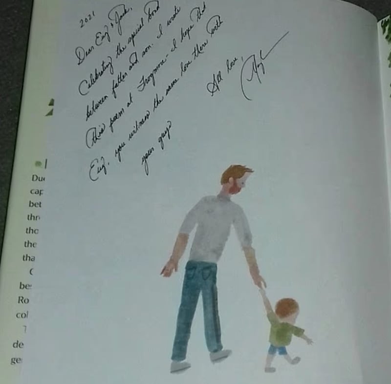 A photo of an inscribed copy of Meghan Markle's book, The Bench, dedicated to Princess Eugenie and shared by eBay seller Drive Easy’s Signed Books.