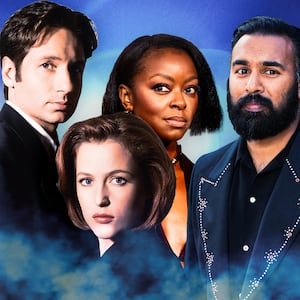 A photo illustration of David Duchovny, Gillian Anderson, Danielle Deadwyler and Himesh Patel for the X-Files.