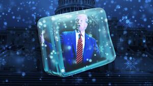 A photo illustration of Donald Trump in an ice cube.