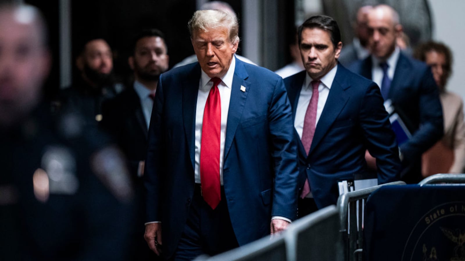 Former U.S. President Donald Trump arrives ahead of the start of jury selection at Manhattan Criminal Court.