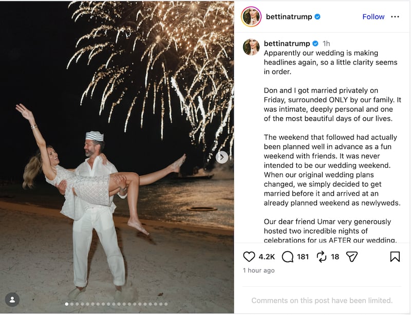 Bettina Trump responds to report that a Putin-tied oligarch paid for her wedding weekend.