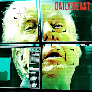 Donald Trump's face on monitors.