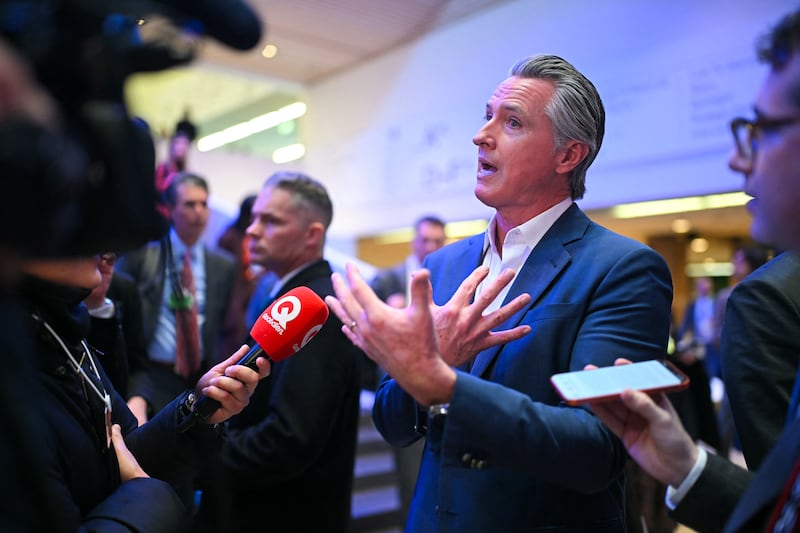 US' Governor Of california Gavin Newsom speaks to the press on the sidelines of the World Economic Forum (WEF) annual meeting in Davos on January 20, 2026. The World Economic Forum takes place in Davos from January 19 to January 23, 2026. (Photo by Fabrice COFFRINI / AFP via Getty Images)