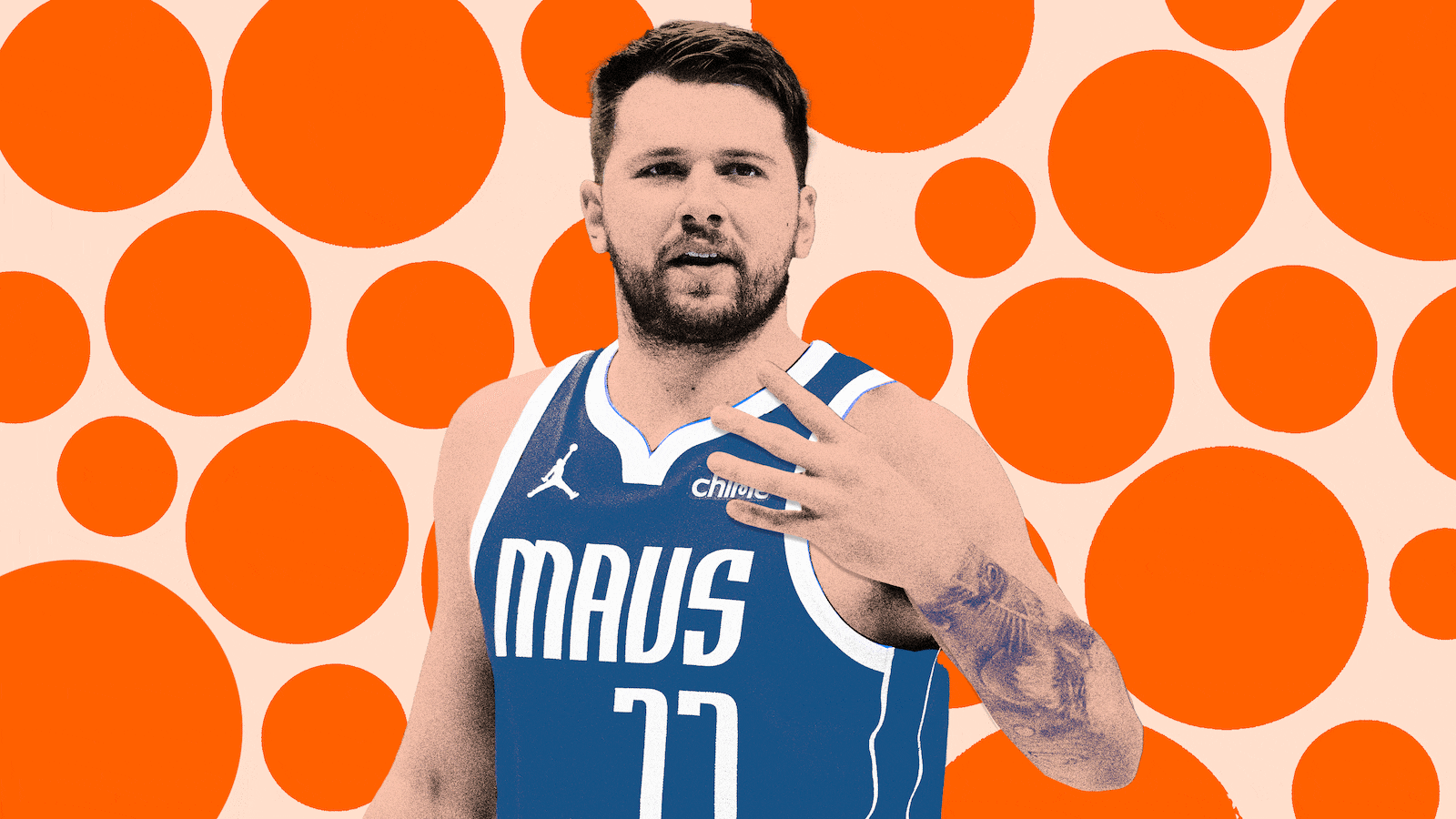 Photo illustrative gif of Luka Doncic waving his hand in front of his face with orange dot background.