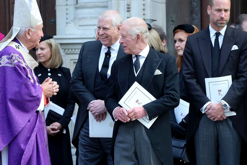 Prince Andrew, Duke of York, King Charles III and Prince William, Prince of Wales attend the Funeral of the Duchess of Kent.