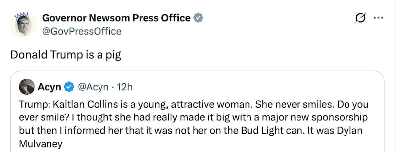 The official account of Gov. Gavin Newsom's press office reacts to Donald Trump's WHCD speech.