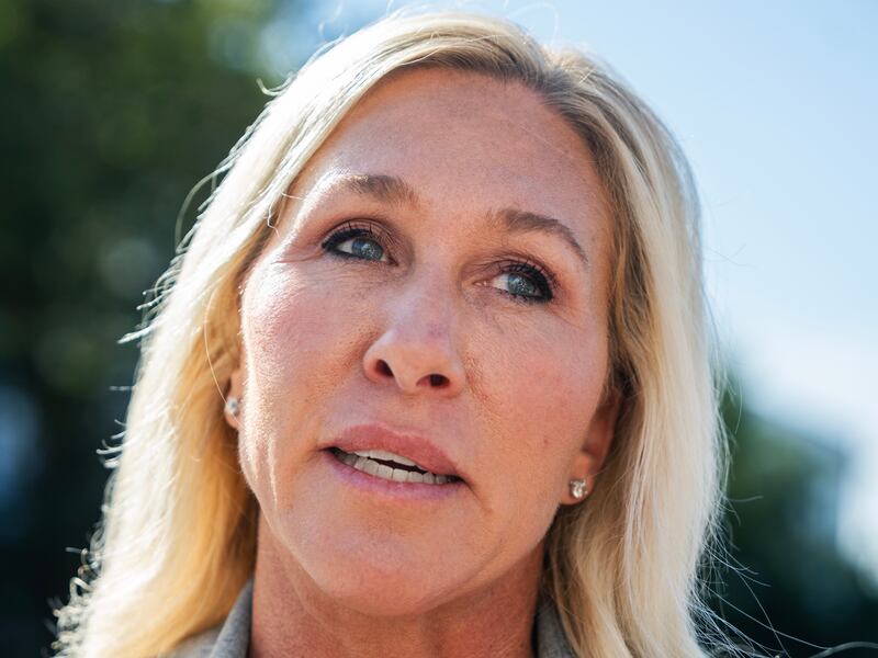 Rep. Marjorie Taylor Greene, R-Ga., talks with reporters on Tuesday, September 9, 2025.
