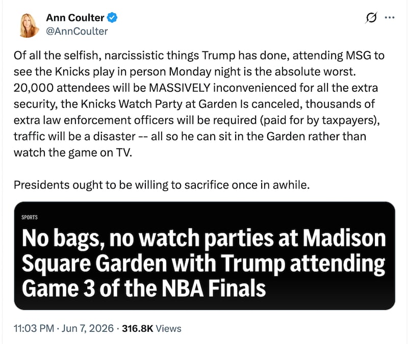 Ann Coulter rips into Donald Trump over his decision to attend Knicks finals game on Monday at MSG.