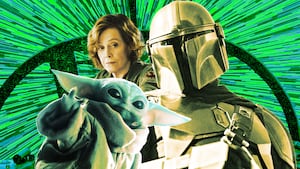 A photo illo illustration of Sigourney Weaver, Grogu, and Pedro Pascal in Star Wars: The Mandalorian and Grogu.