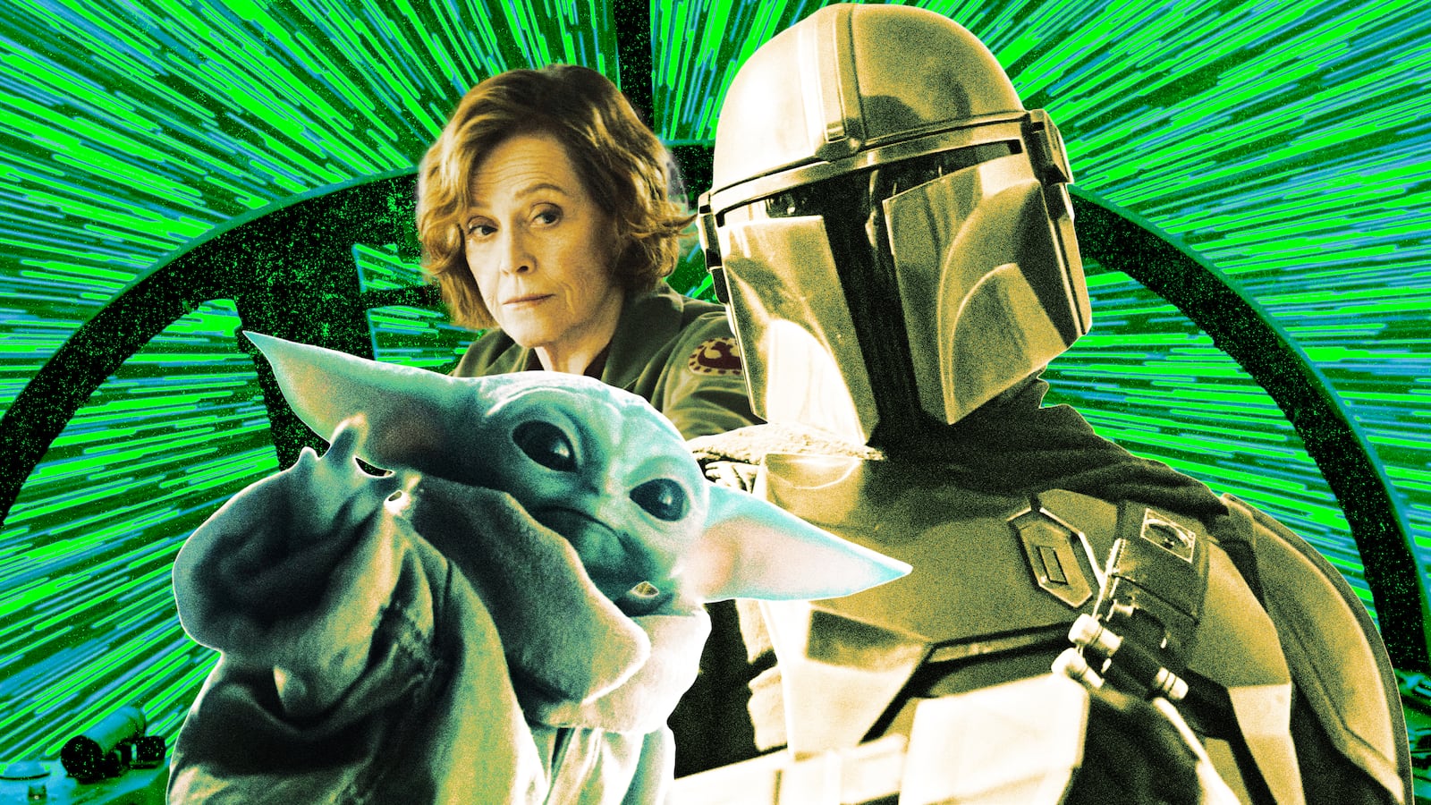 A photo illo illustration of Sigourney Weaver, Grogu, and Pedro Pascal in Star Wars: The Mandalorian and Grogu.