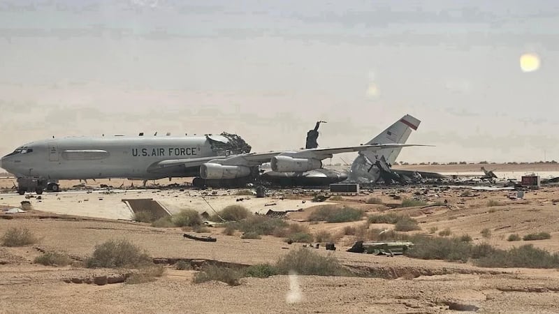 Undated photo of plane damaged by Iranian strikes at Prince Sultan AFB, Saudi Arabia.