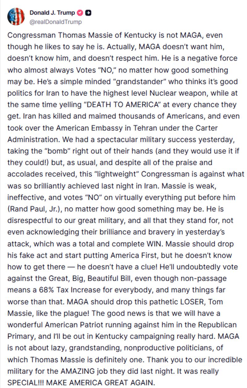 Donald Trump ranted against Massie's defections in a post on Truth Social
