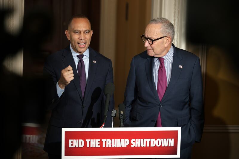 Senate Minority Leader Sen. Chuck Schumer and House Minority Leader Rep. Hakeem Jeffries, pictured October 16, have refused to back off their push for the short-term spending deal to address health care amid accusations from Republicans that Democrats are holding the government hostage.