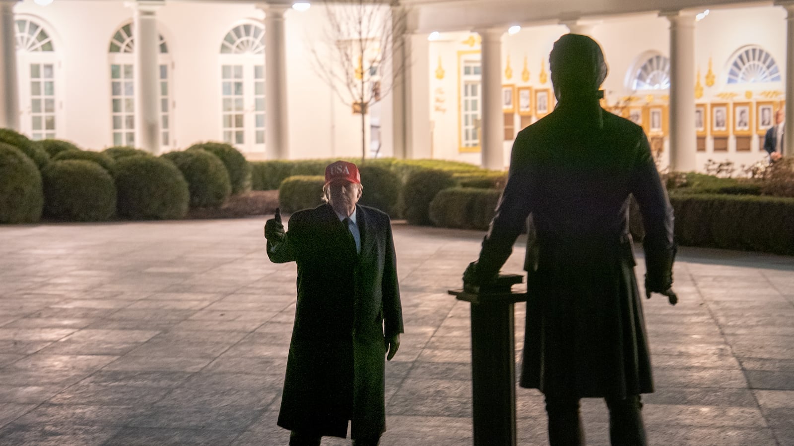 WASHINGTON, DC - MARCH 1: U.S. President Donald Trump examines a new statue of Thomas Jefferson in the Rose Garden after returning to the White House on Sunday, March 1, 2026 in Washington, D.C. Trump ordered strikes against Iran while spending the weekend at his Mar-a-Lago resort in Florida. (Photo by Peter W. Stevenson/The Washington Post via Getty Images)