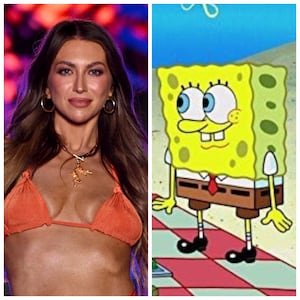 Stassi Schroeder in the Sports Illustrated Swimsuit runway show (left); SpongeBob SquarePants (right)