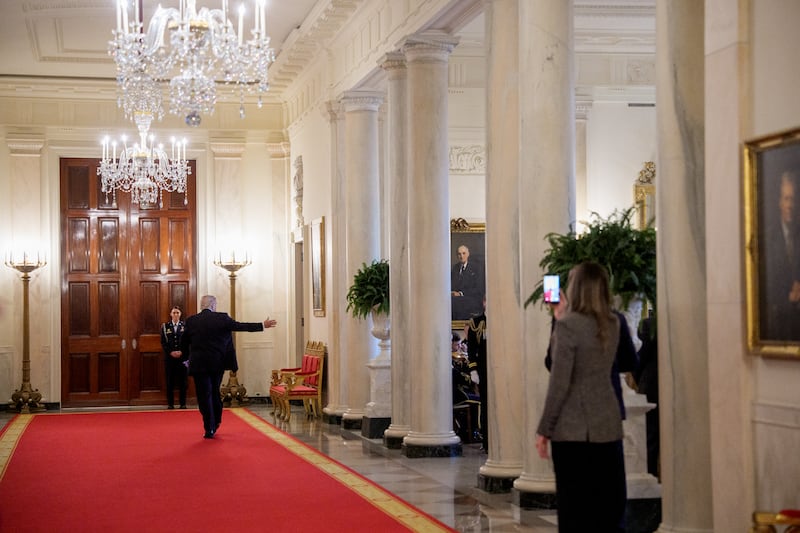 WASHINGTON, DC - MARCH 02: U.S. President Donald Trump departs a Medal of Honor Ceremony in the East Room of the White House on March 02, 2026 in Washington, DC. Trump awarded three soldiers the highest military decoration; Master Sgt. Roddie Edmonds, who died in 1985, for shielding Jewish prisoners from Nazi guards during World War II; then-Staff Sgt. Terry Richardson for saving 85 lives of fellow soldiers during the Vietnam War; and Staff Sgt. Michael Ollis who died in the Afghanistan War when he shielded another soldier from a suicide bomber. (Photo by Andrew Harnik/Getty Images)