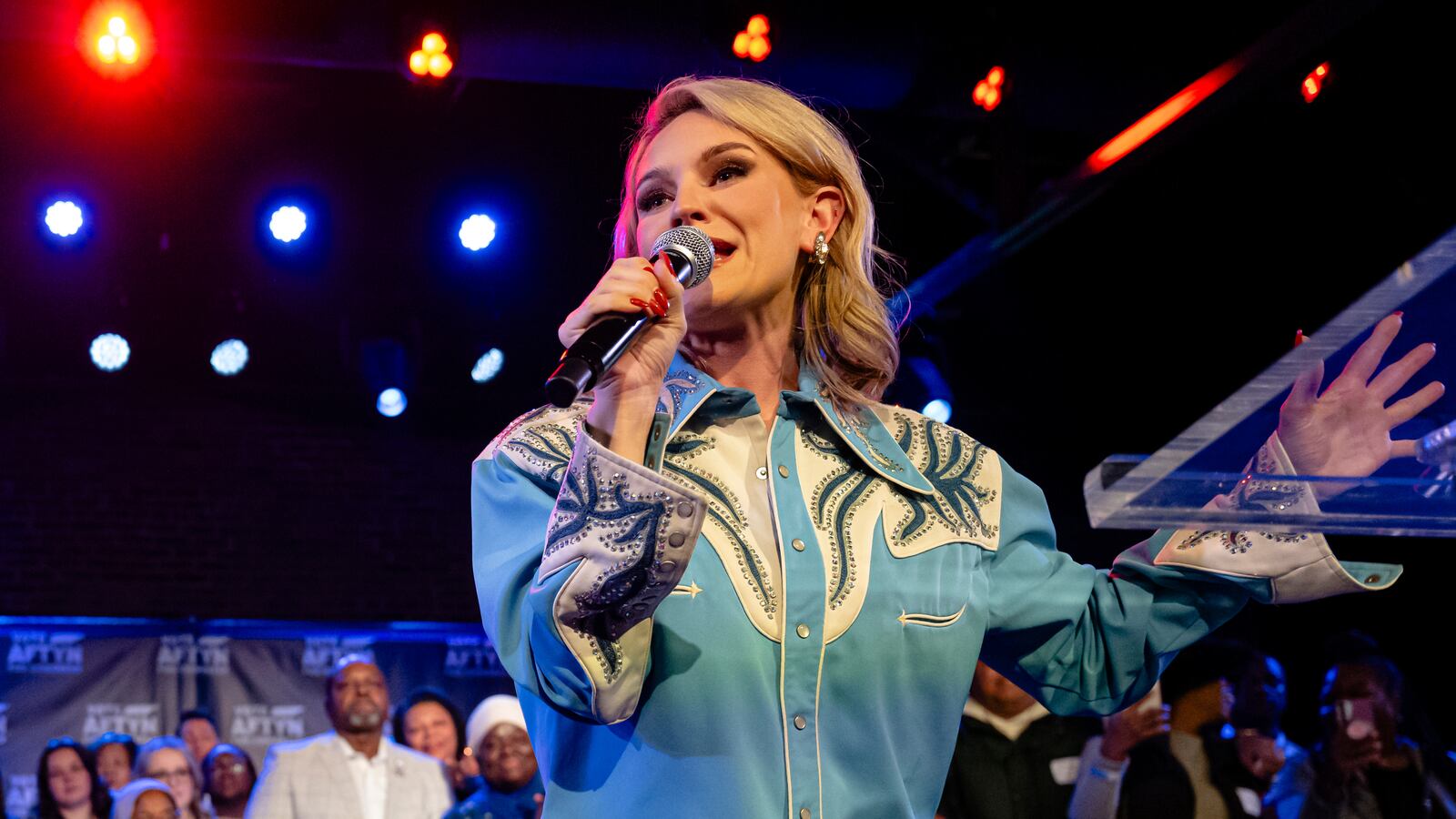 Demoratic state Rep. Aftyn Behn delivers a concession speech during an election-night watch party at Marathon Music Works on December 2, 2025 in Nashville, Tennessee.