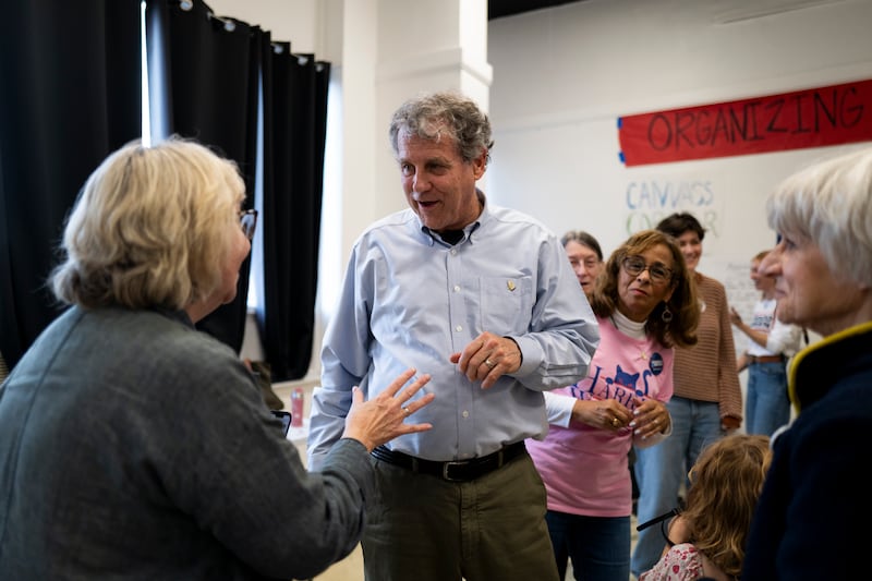 Democratic senate candidate, former Sen. Sherrod Brown greets volunteers at a campaign office on November 4, 2024 in Cleveland Heights, Ohio.