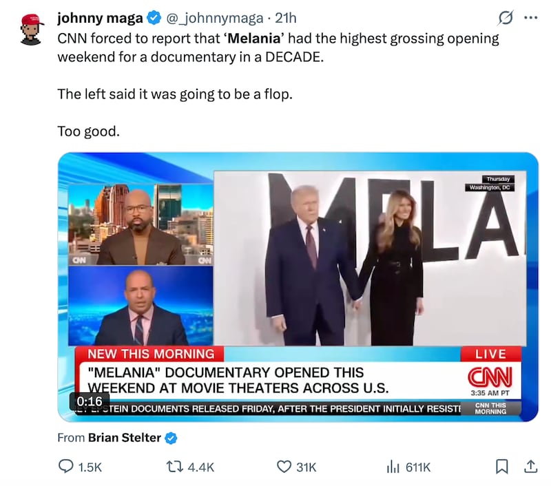 A user on X slammed "the left" for predicting that "Melania" would flop.