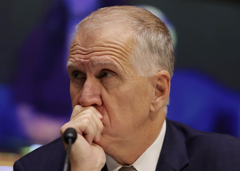 Sen. Thom Tillis, R-NC, listens as U.S. Attorney General Merrick Garland testifies before a Senate Judiciary Committee hearing examining the Department of Justice on Capitol Hill in Washington, DC, October 27, 2021.