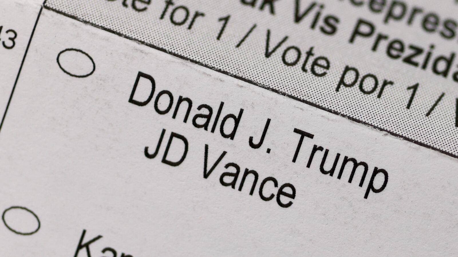 the names of the candidates for the 2024 Presidential election, including Republican presidential nominee, former U.S. President Donald Trump, and Democratic presidential nominee, Vice President Kamala Harris, appear on a vote-by-mail ballot on October 02, 2024 in Miami, Florida.