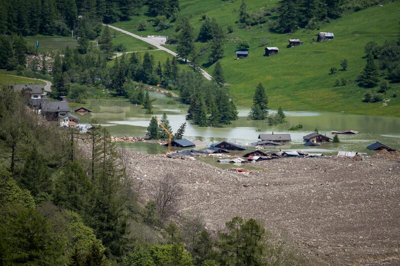 The small village of Blatten, in the Bietschhorn mountain of the Swiss Alps, destroyed by a landslide after part of the huge Birch Glacier collapsed and swallowed up by the river Lonza the day before, in Blatten on May 29, 2025.