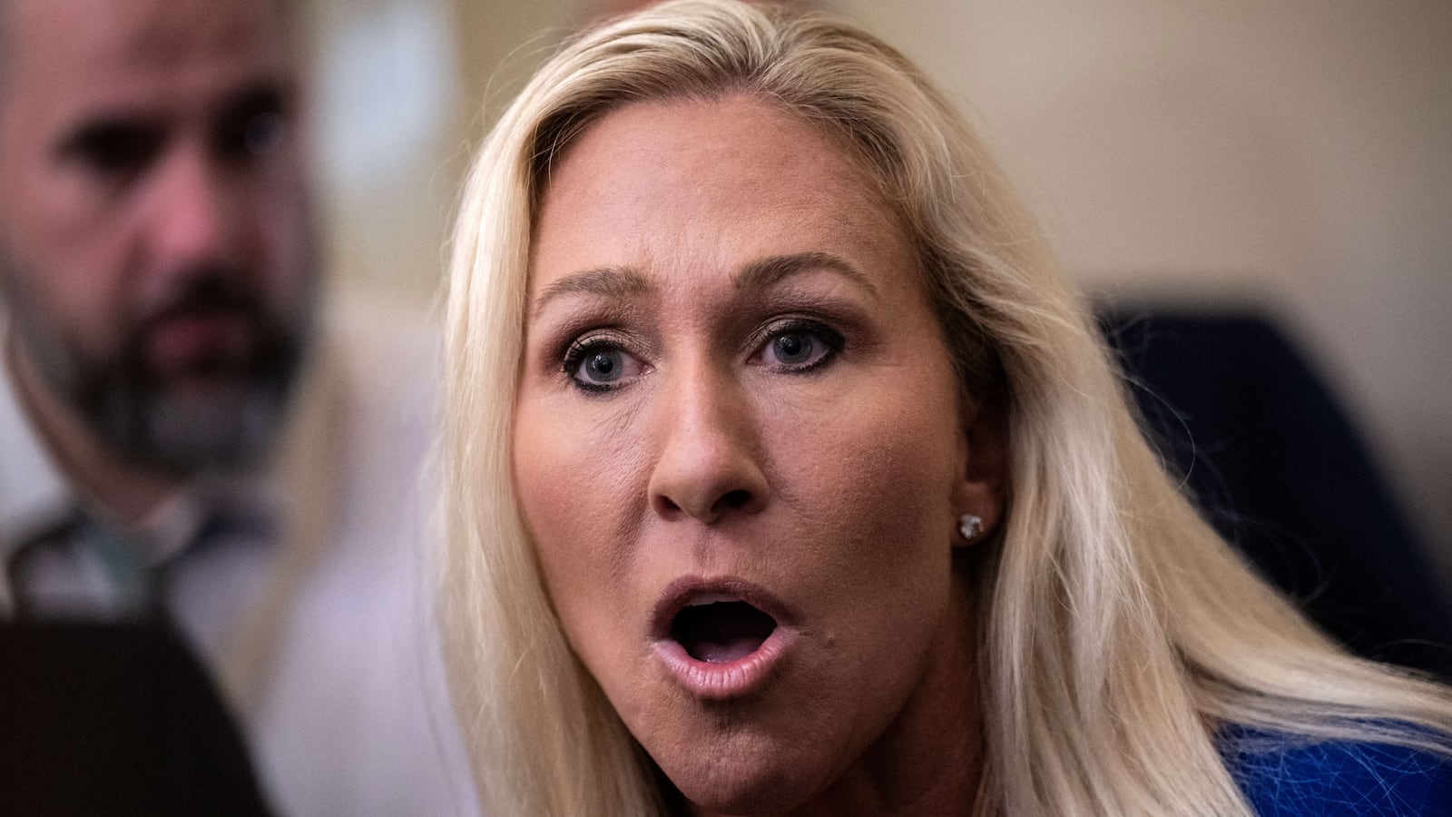 US Representative Marjorie Taylor Greene, Republican of Georgia, speaks to reporters before a meeting with US Speaker of the House Mike Johnson, Republican of Louisiana, about a possible Motion to Vacate filing to remove him from the speakership, at the US Capitol on May 7, 2024, in Washington, D.C.