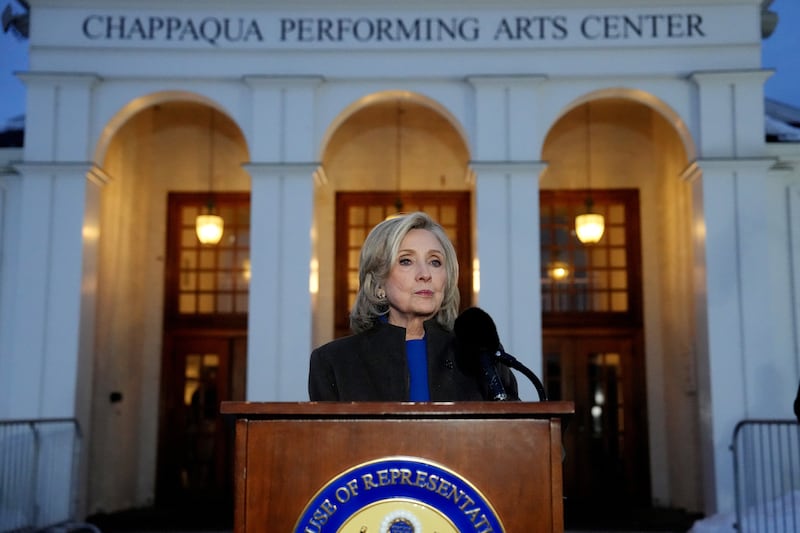 CHAPPAQUA, NEW YORK - FEBRUARY 26: Former U.S. Secretary of State Hillary Clinton speaks to the press after testifying in a closed-door deposition with the House Oversight Committee at the Chappaqua Performing Arts Center on February 26, 2026 in Chappaqua, New York. Former Secretary of State Hillary Clinton provided testimony to the Republican-led House Oversight Committee as part of an ongoing inquiry into the late sex offender Jeffrey Epstein's case. Former U.S. President Bill Clinton is expected to testify tomorrow. (Photo by David Dee Delgado/Getty Images)