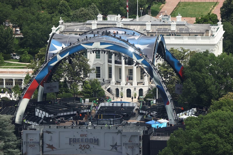 Construction continues on a temporary arena that will host the UFC Freedom 250 fight card at the White House in Washington, D.C., U.S., June 9, 2026. REUTERS/Kevin Lamarque