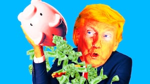 A photo illo illustration of Donald Trump holding a piggy bank upside down and money falling out.