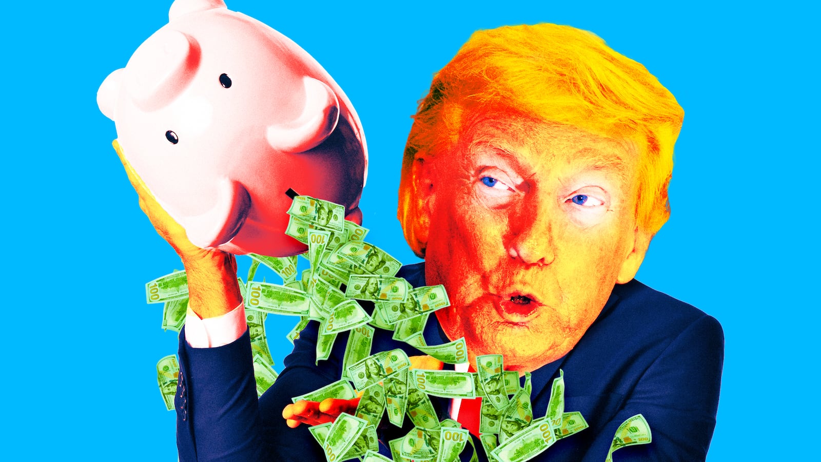 A photo illo illustration of Donald Trump holding a piggy bank upside down and money falling out.