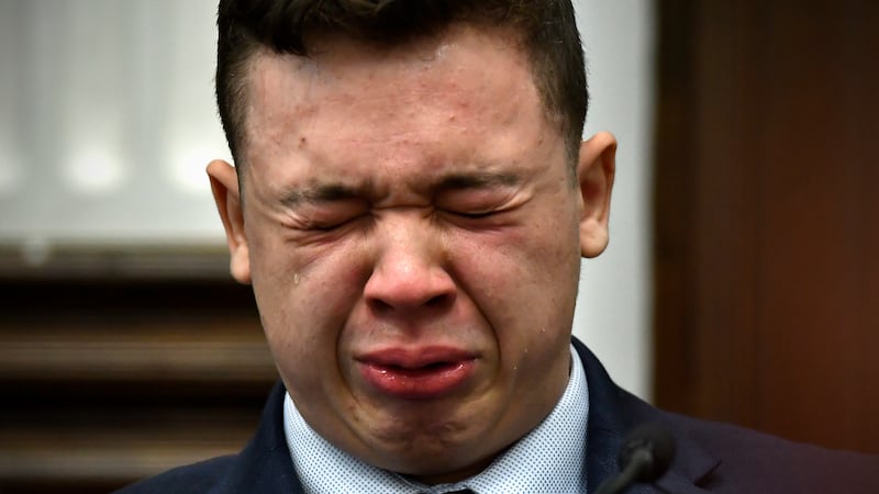 Kyle Rittenhouse breaks down on the stand as he testifies about his encounter with the late Joseph Rosenbaum during his trial at the Kenosha County Courthouse on November 10, 2021 in Kenosha, Wisconsin.