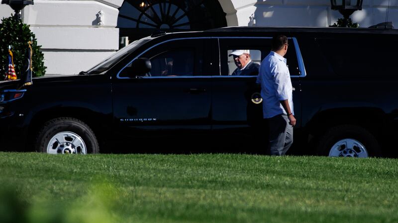 Donald Trump departs the White House as he heads to Trump National Golf Club on October 4, 2025.