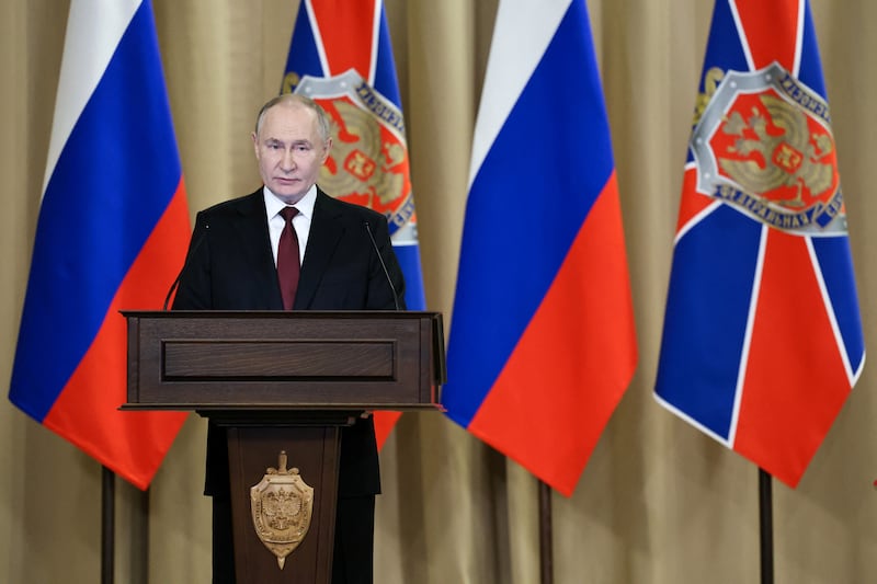 Russian President Vladimir Putin delivers a speech during a meeting of the Federal Security Service (FSB) Board in Moscow, Russia February 27, 2025.